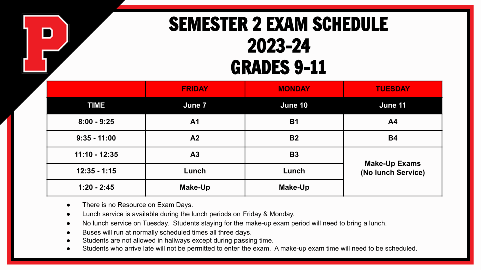  Semester 2 Exam Schedule Grades 9-11